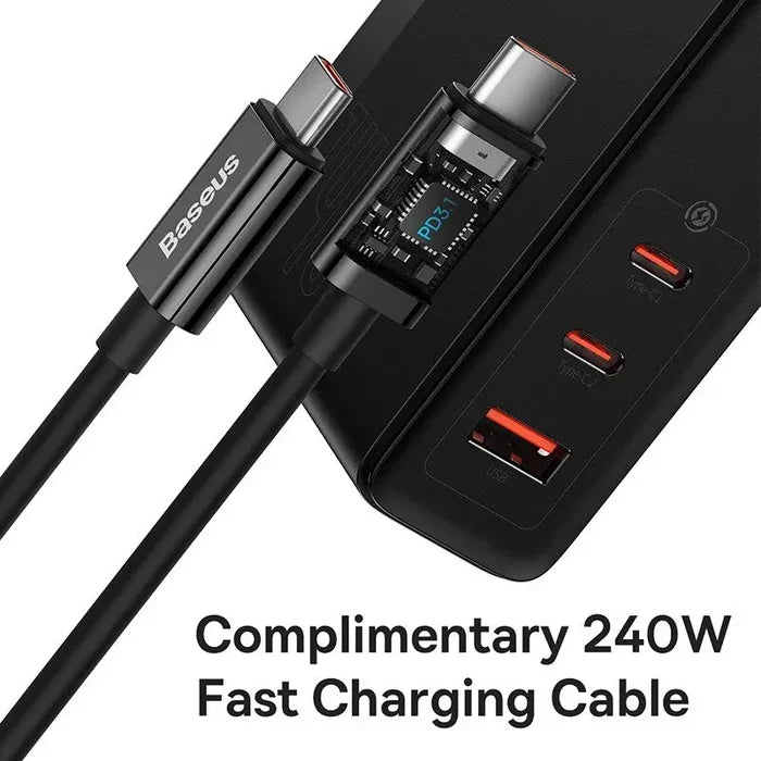 Fast charging USB-C cable with a power adapter featuring multiple ports.