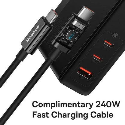 Fast charging USB-C cable with a power adapter featuring multiple ports.