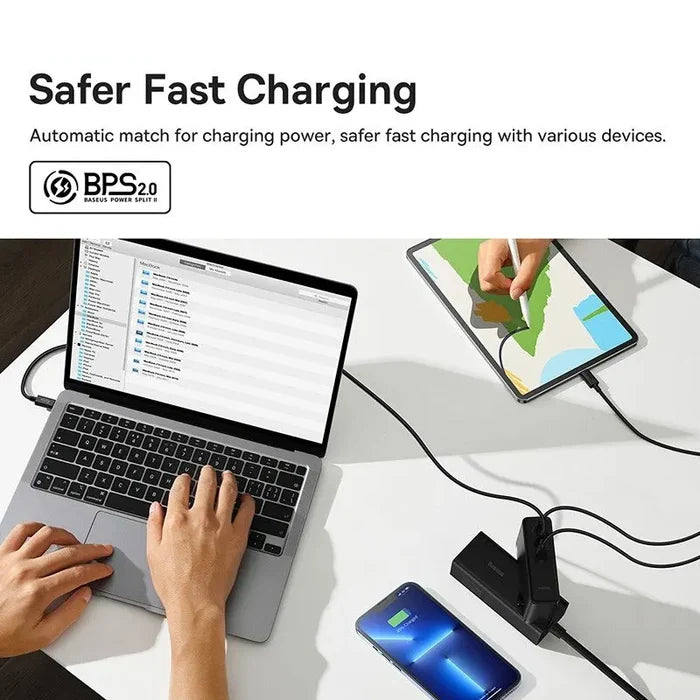 Fast charging system for multiple devices, featuring a laptop, tablet, smartphone, and charging hub.