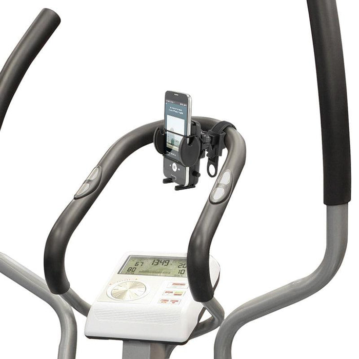 Close-up of an elliptical’s handlebars, control panel, and the Bike or Motorcycle Mega Grip™ Phone Holder Strap Mount for iPhone, Galaxy, and Note with a phone attached. The display shows workout data like time, distance, and calories burned.