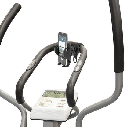 Close-up of an elliptical’s handlebars, control panel, and the Bike or Motorcycle Mega Grip™ Phone Holder Strap Mount for iPhone, Galaxy, and Note with a phone attached. The display shows workout data like time, distance, and calories burned.