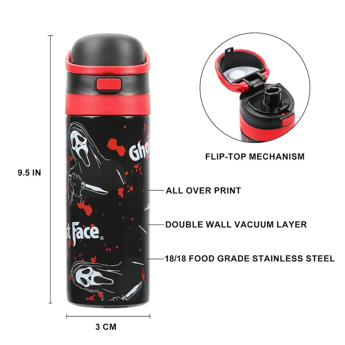 Bioworld Ghostface Mask & Blood Splatter All-Over Print Black 24 Oz Stainless Steel Water Bottle