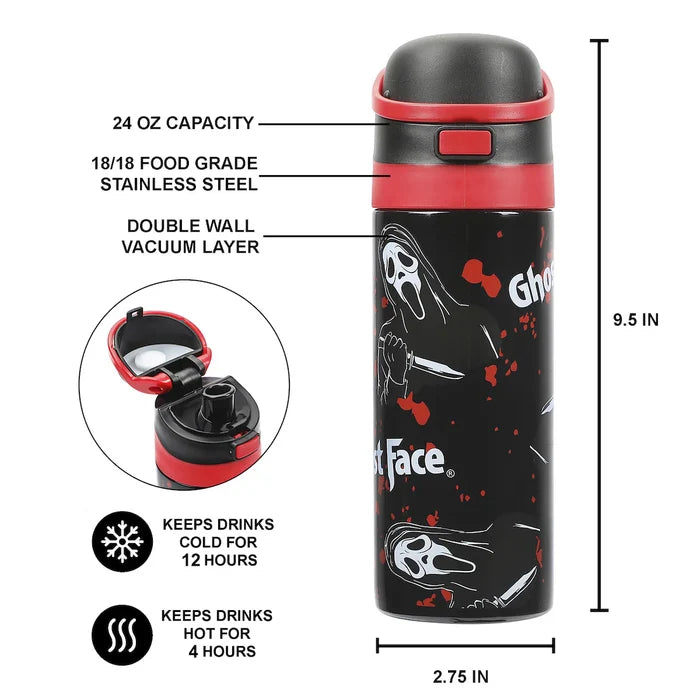 Bioworld Ghostface Mask & Blood Splatter All-Over Print Black 24 Oz Stainless Steel Water Bottle