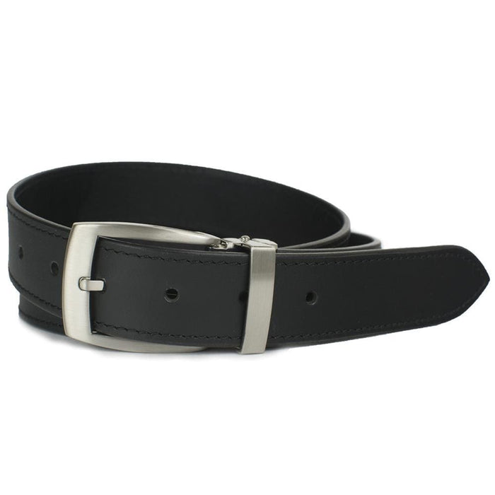 Black Balsam Knob Belt. Nickel free clamp buckle has metal keeper. Single stitch on edge of strap.