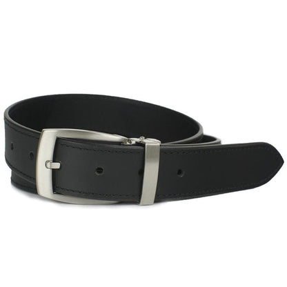 Black Balsam Knob Belt. Nickel free clamp buckle has metal keeper. Single stitch on edge of strap.