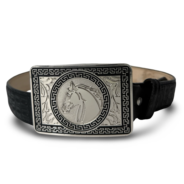 Black Croc Embossed Belt with Silver Western Buckle