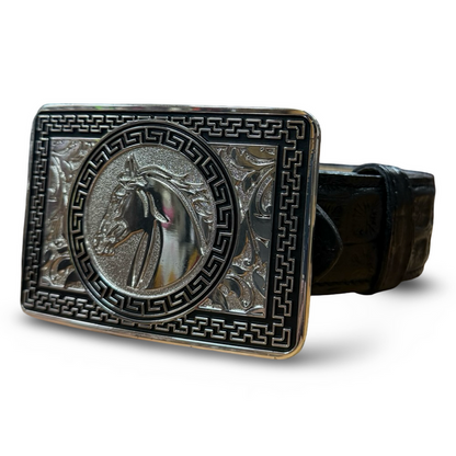 Black Croc Embossed Belt with Silver Western Buckle
