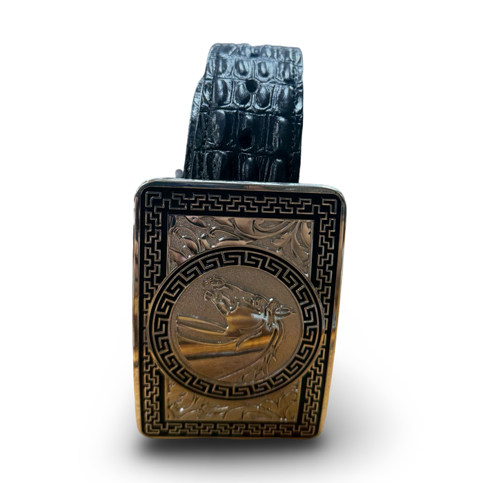 Black Croc Embossed Belt with Silver Western Buckle