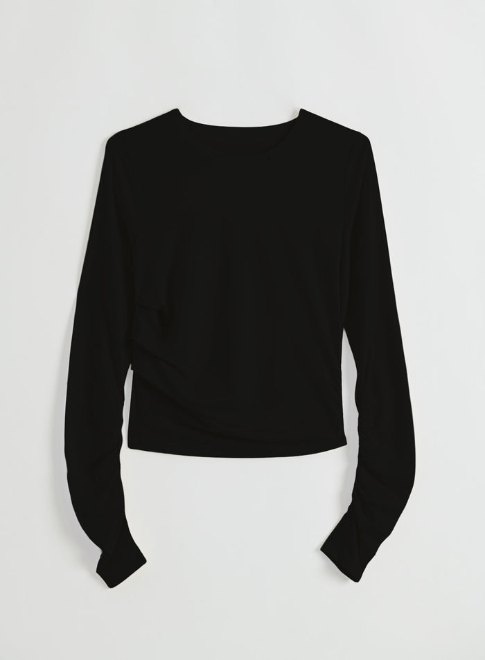 Flat lay of the black Luminous Draped Long Sleeve from aim'n