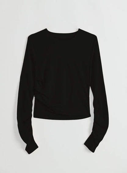 Flat lay of the black Luminous Draped Long Sleeve from aim'n