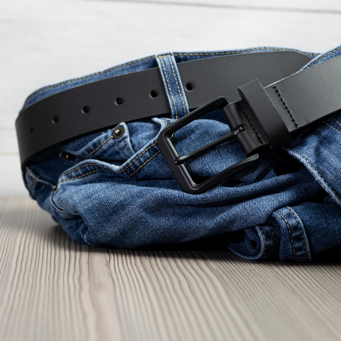 Black Mountain Leather Belt styled in jean belt loops.