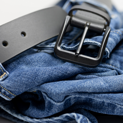 Black Mountain Leather Belt with denim jeans. Lifestyle image.