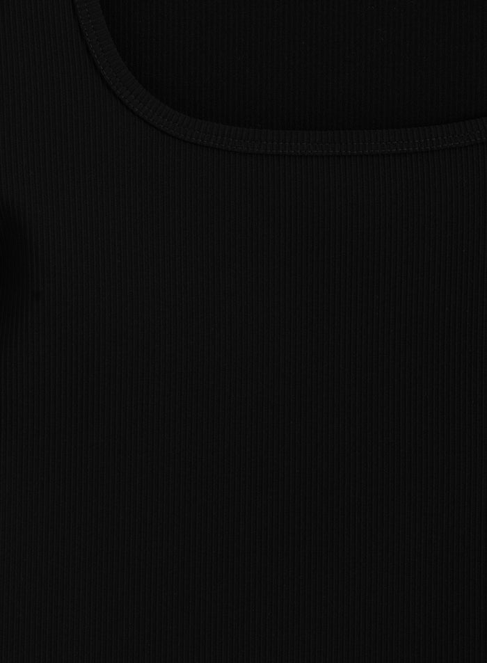 Black Ribbed Performance Short Sleeve top by aim'n featuring a micro-rib texture and rounded neckline.