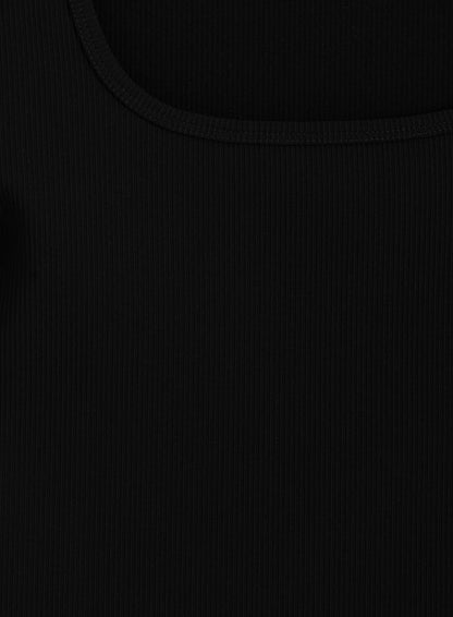 Black Ribbed Performance Short Sleeve top by aim'n featuring a micro-rib texture and rounded neckline.