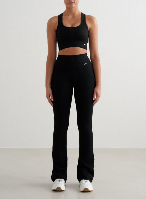 Black Ribbed Seamless Flare Tights