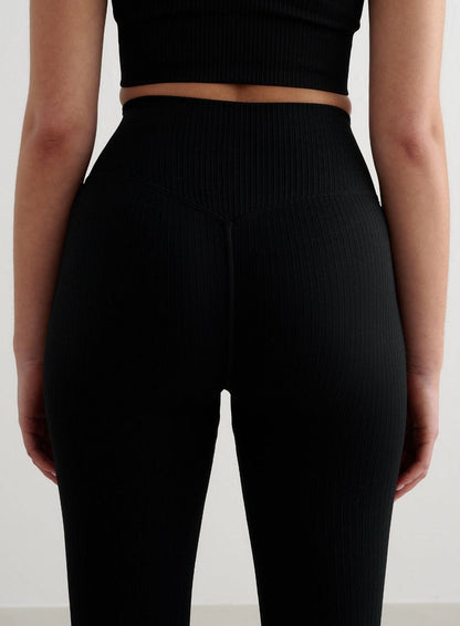 Black Ribbed Seamless Flare Tights