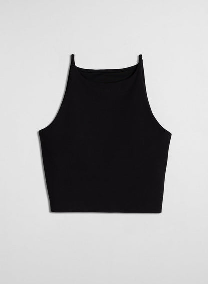 Black halter bralette featuring a high neck and thin straps in soft Sense fabric from aim'n.