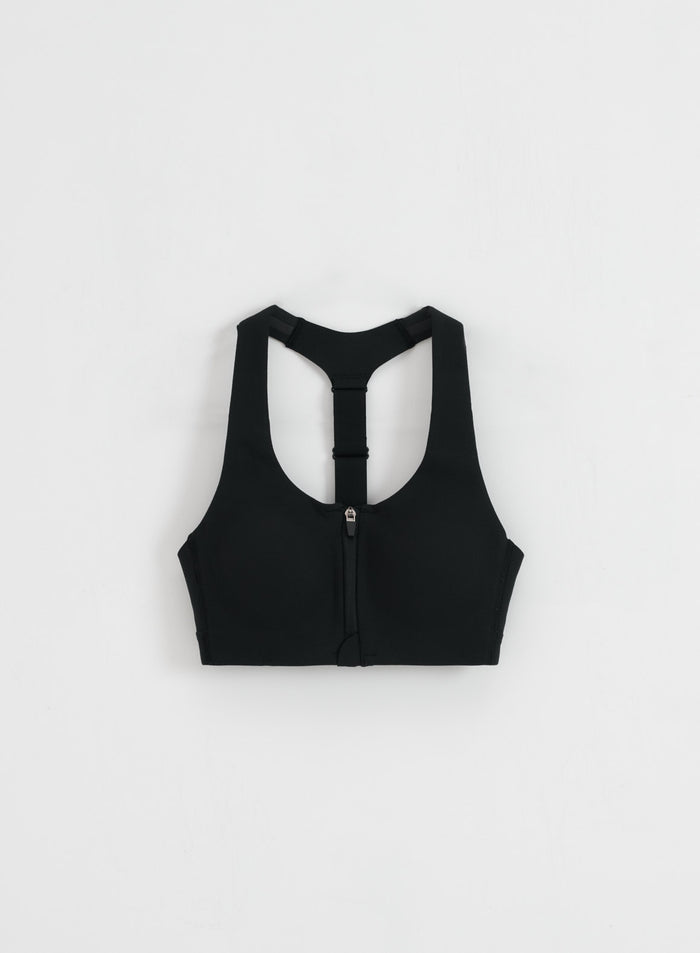 Black aim'n Sense High Support Bra featuring a front zipper and racerback design in a flatlay view.