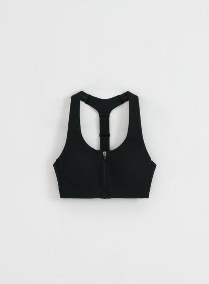 Black aim'n Sense High Support Bra featuring a front zipper and racerback design in a flatlay view.