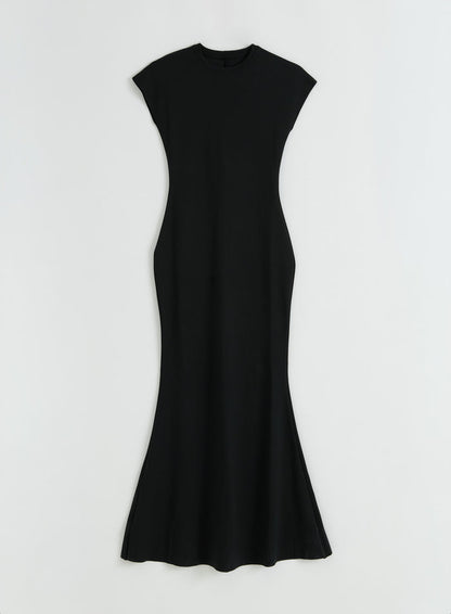 A flatlay of the black Sense Mermaid Cap Sleeve Dress from aim'n