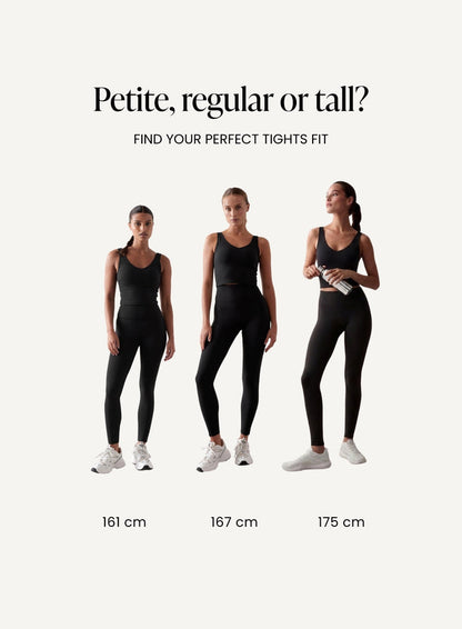 Models of different heights show aim'n black seamless tights in petite, regular, and tall fits. [petite-tall-CM]