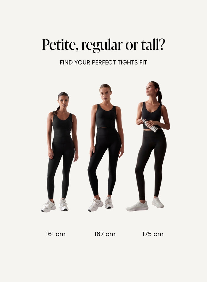 Models of different heights show aim'n black seamless tights in petite, regular, and tall fits. [petite-tall-CM]