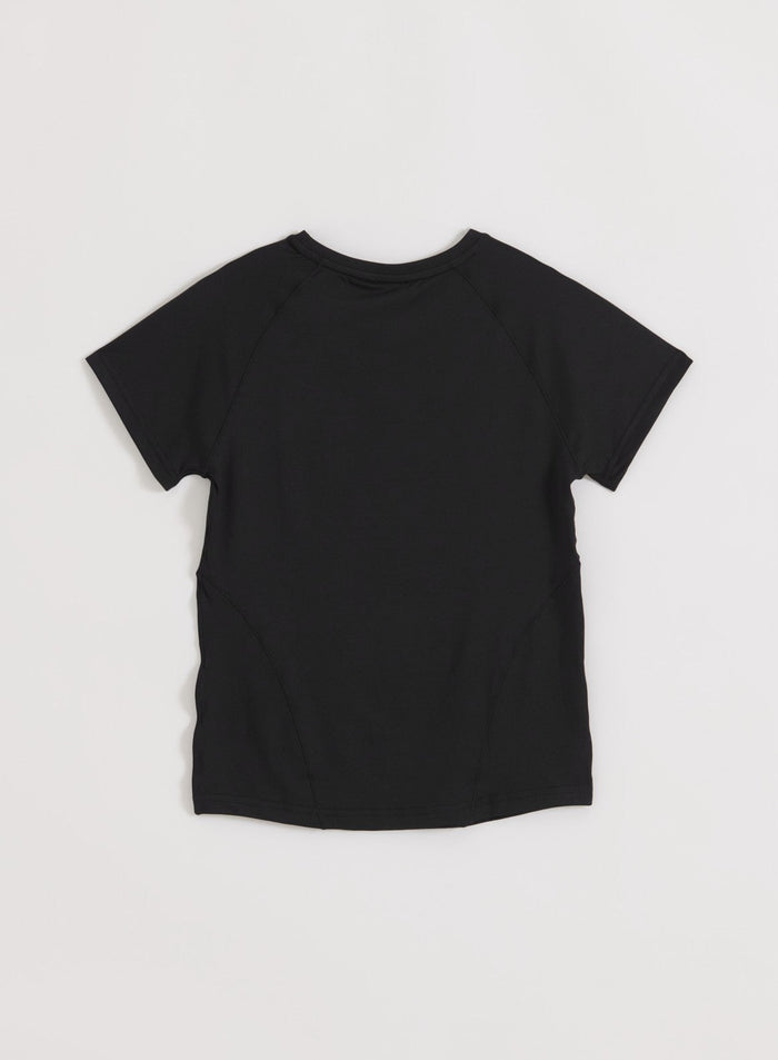 Black Soft Basic Short Sleeve by aim'n featuring raglan sleeves and shaping seams in a flat lay view.