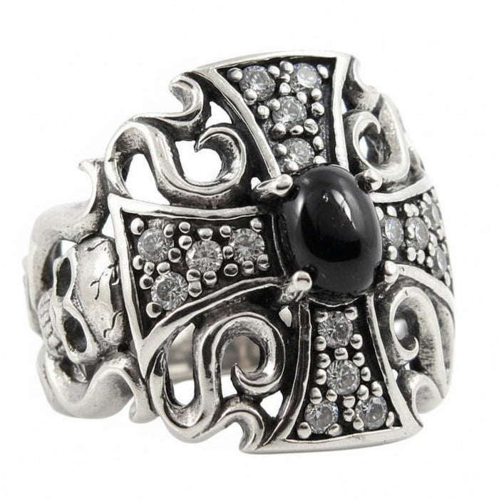 A side profile of the gothic cross ring, revealing the hidden skull detail within the filigree.