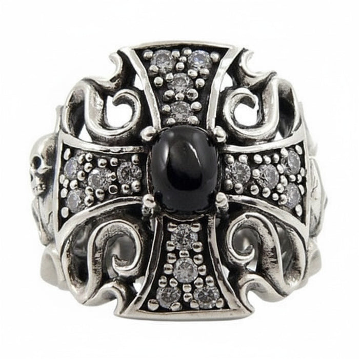 A front view of the black star gothic cross ring in sterling silver, showing the central cabochon and pave stones.
