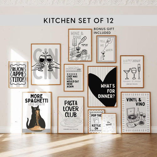 Kitchen Wall Art Set of 12, Black White Kitchen Prints, Italian Food Poster Bundle, Pasta & Wine Gallery Wall, Modern Kitchen Decor Set
