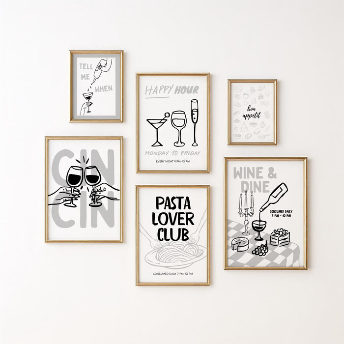Kitchen Wall Art Set of 12, Black White Kitchen Prints, Italian Food Poster Bundle, Pasta & Wine Gallery Wall, Modern Kitchen Decor Set