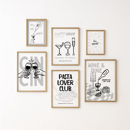 Kitchen Wall Art Set of 12, Black White Kitchen Prints, Italian Food Poster Bundle, Pasta & Wine Gallery Wall, Modern Kitchen Decor Set