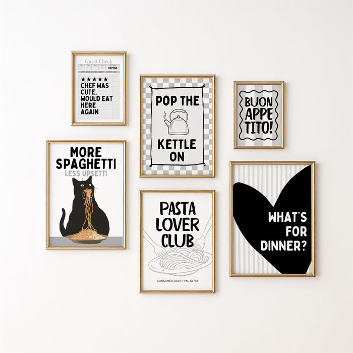 Kitchen Wall Art Set of 12, Black White Kitchen Prints, Italian Food Poster Bundle, Pasta & Wine Gallery Wall, Modern Kitchen Decor Set