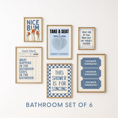 Blue Bathroom Wall Art Set of 6, Funny Bathroom Prints, Coastal Bathroom Decor, Eclectic Bathroom Posters, Vintage Bathroom Art, Goose Print