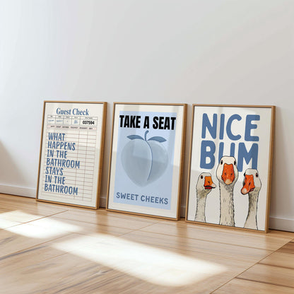 Blue Bathroom Wall Art Set of 6, Funny Bathroom Prints, Coastal Bathroom Decor, Eclectic Bathroom Posters, Vintage Bathroom Art, Goose Print