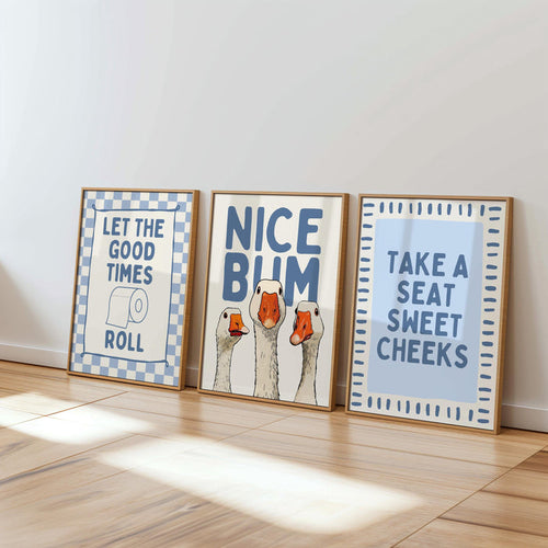Blue Bathroom Wall Art Set of 3, Funny Goose Bathroom Prints, Coastal Bathroom Decor, Quirky Bathroom Posters, Eclectic Bathroom Art