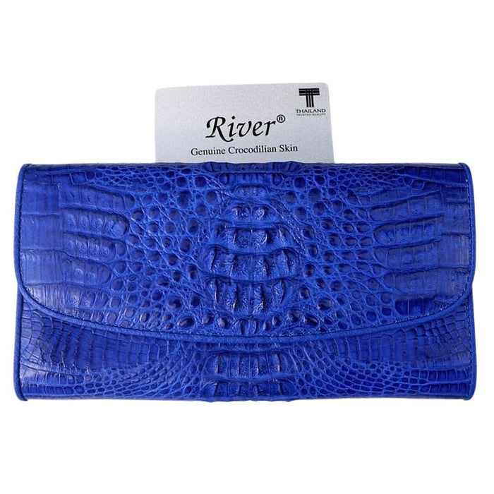 A vibrant blue crocodile leather wallet for women, showing the hornback skin texture and River brand card.