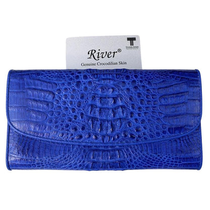 A vibrant blue crocodile leather wallet for women, showing the hornback skin texture and River brand card.