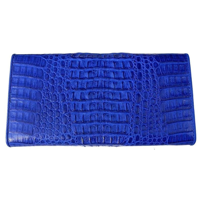The back view of the blue crocodile wallet, showing the continuous hornback scale pattern.