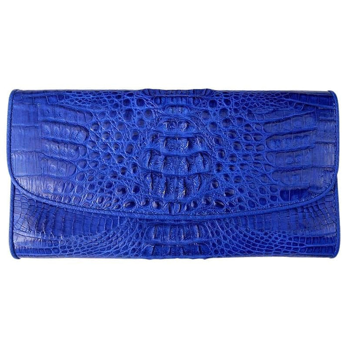 A front view of the closed women's blue crocodile leather purse, highlighting the exotic skin.