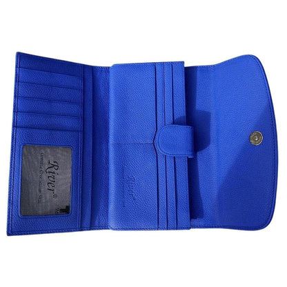 The interior of the women's blue leather tri-fold wallet, showing 10 card slots and a clear ID window.
