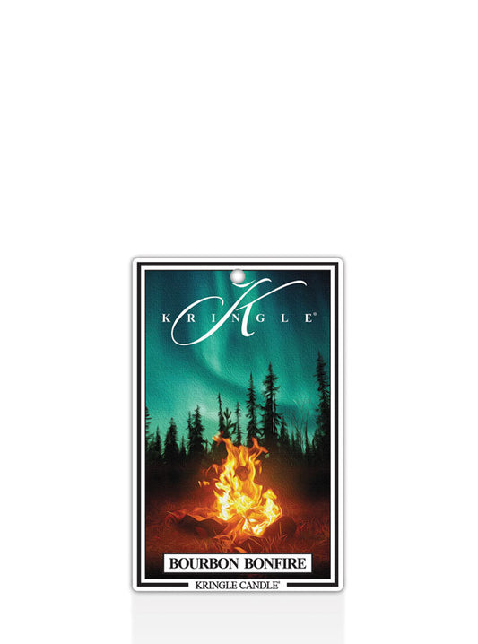 Kringle Candle air freshener for Bourbon Bonfire scent with a forest and fire design on a white background