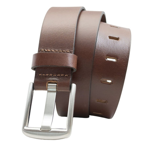 Brown leather belt with a silver buckle on a white background