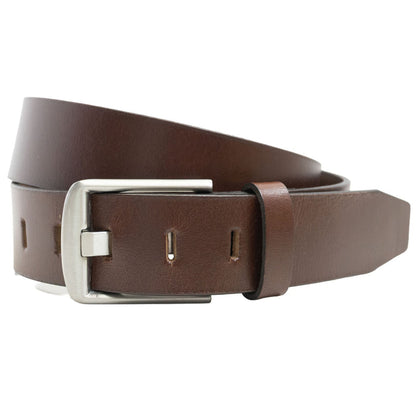 Brown leather belt with a silver buckle on a white background