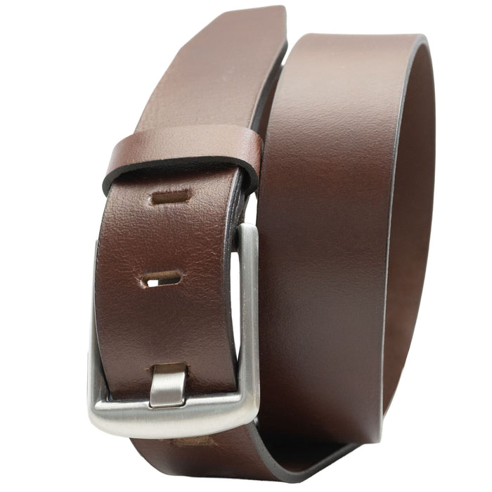 Brown leather belt with silver buckle on a white background