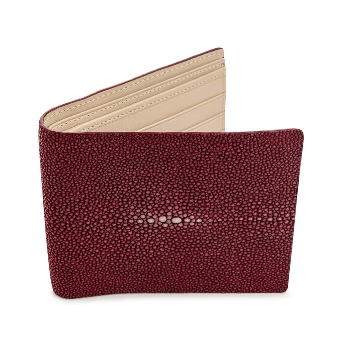 A polished burgundy stingray wallet with a smooth, glossy finish and the distinctive white pearl mark, shown with a beige interior.