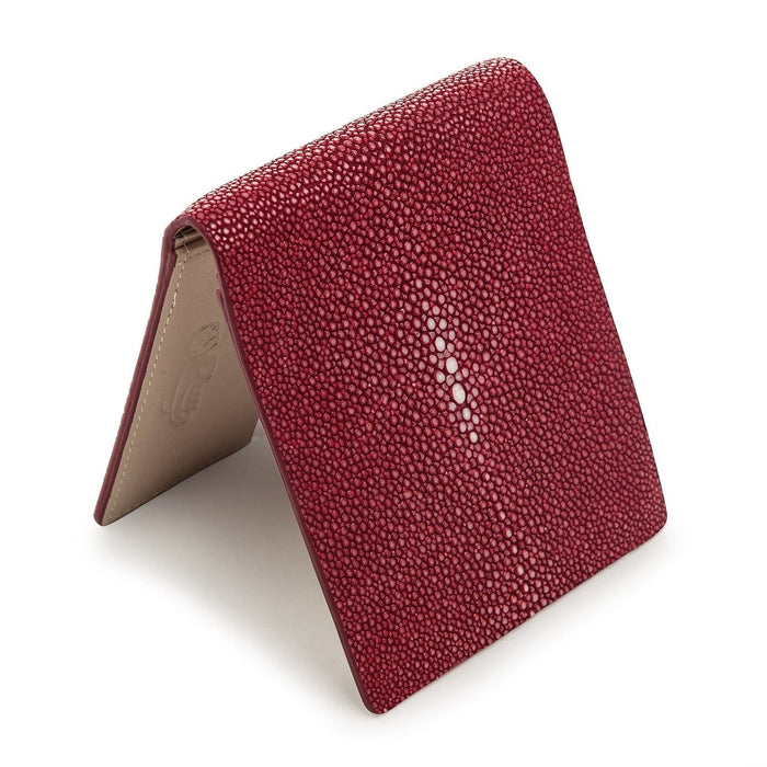 A classic bifold view of the burgundy stingray wallet, a premium piece of luxury exotic leather.