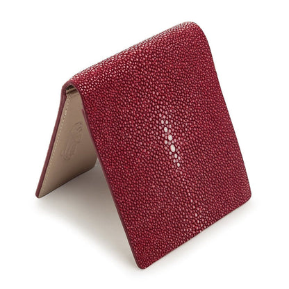 A classic bifold view of the burgundy stingray wallet, a premium piece of luxury exotic leather.