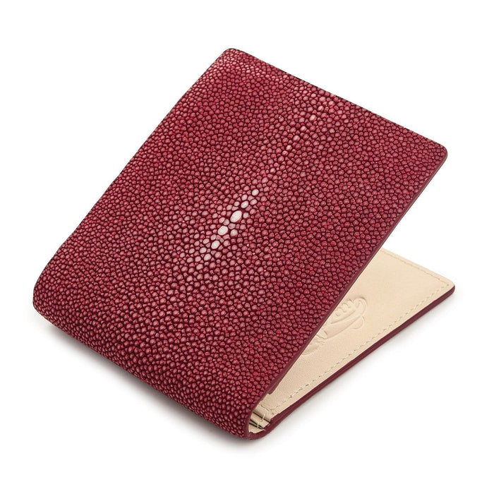 A men's bifold wallet made from genuine, expertly polished burgundy stingray skin.
