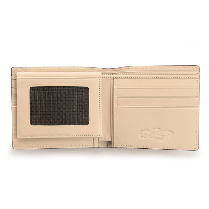 The full interior view of the burgundy stingray wallet, showing the two clear ID windows and multiple card slots.